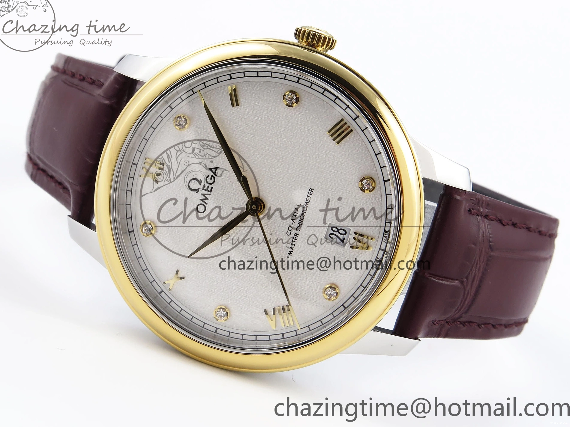 0421 De Ville Date YG MKF 1:1 Best Edition White Textured Dial Diamonds Marker on Brown Leather Strap A WaterResistant 7754